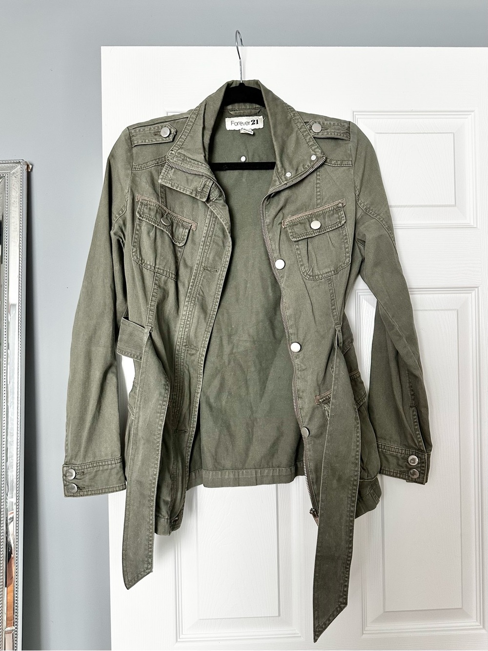 Olive Green Utility Military Safari Jacket Parka with Belt 100% Cotton